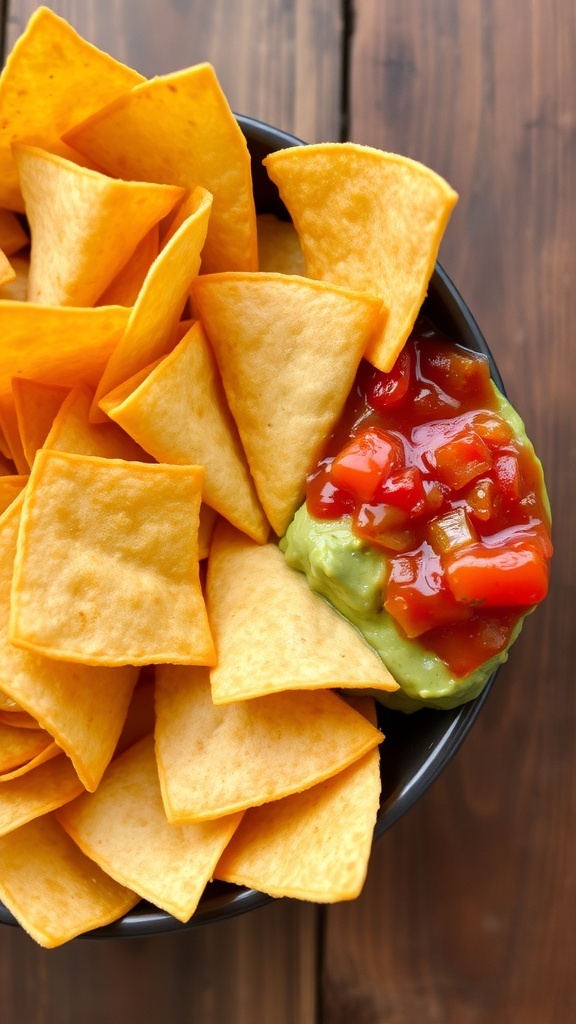A bowl of crispy tortilla chips with salsa and guacamole on a wooden table.